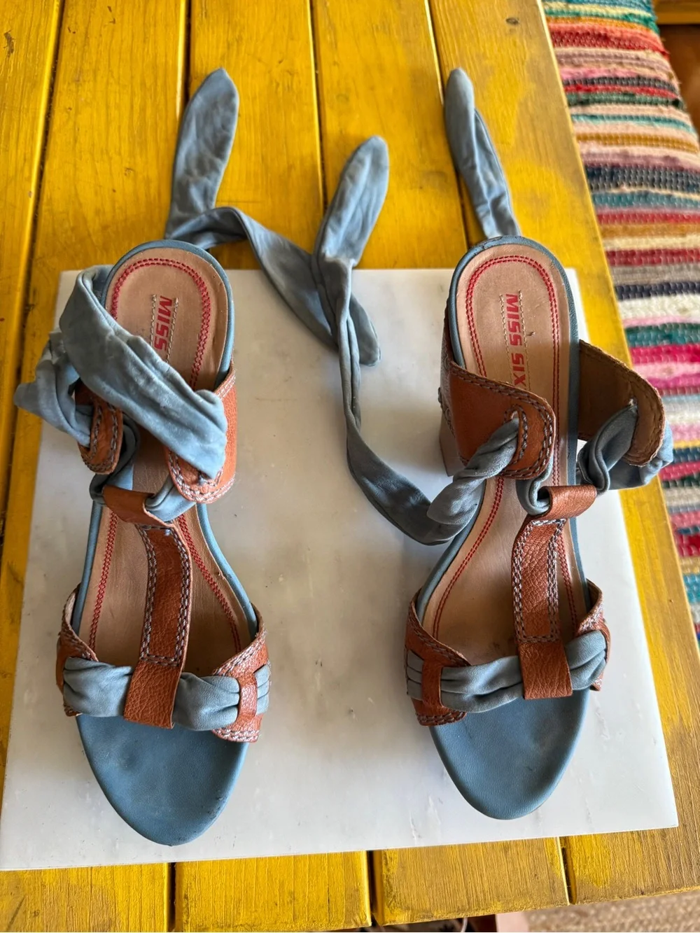 Miss Sixty Blue & Cognac Leather Wrap Tie Sandals Block Heel Size